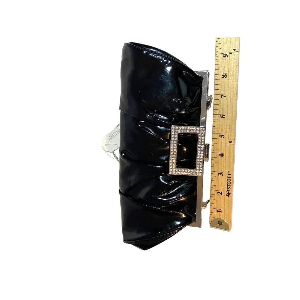 New Black Glossy Convertible Evening Bag Clutch with Rhinestone‎ Closure